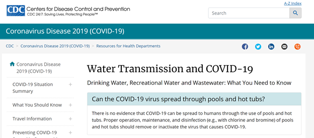 CDC  - Answering question of Water Transmission of COVID-19